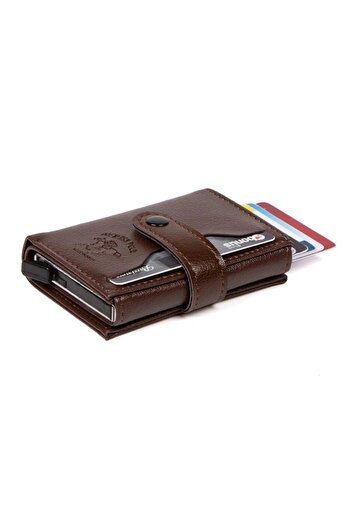 Newish Brown Leather Rfid Protective Aluminum Automatic Mechanism Card Holder and Wallet