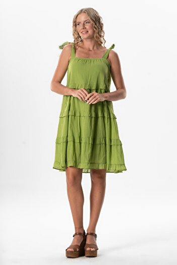Eliş Şile Bezi Strappy Voile - Dubai Square Neck, Short Summer Dress (Pistachio Green)