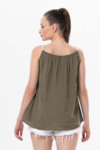 Eliş Şile Bezi Strappy Alaçatı Summer Muslin Blouse Khaki Khk