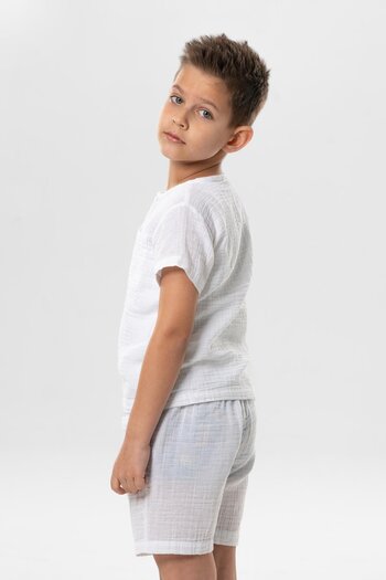Eliş Şile Bezi Boy's Muslin Summer T-Shirt - Short Sleeve, Western Pocket Detail, White Byz