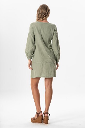 Eliş Şile Bezi Long Sleeve Celestial Binding Short Short Dress Olive Green