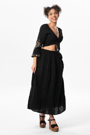 Eliş Şile Bezi Benan Elastic Waist Long Summer Muslin Skirt Black Black