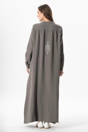 Eliş Şile Bezi Long Sleeve Lacin Printed Muslin Seasonal Ferace Gray Gray