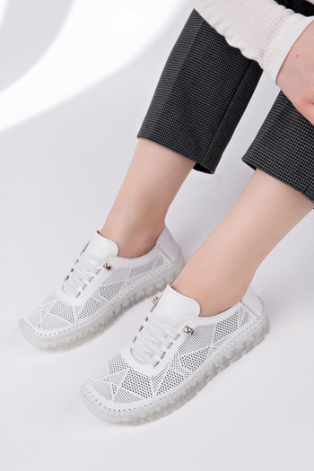 Deripabuc Genuine Leather White Print Women's Leather Casual Shoes Dp62-8004