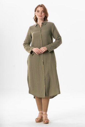 Eliş Şile Bezi Long Sleeve Shirt - Collar Hafsa Muslin Summer Tunic Khaki Hk
