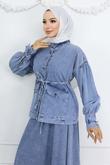 benguen Blue Lace-Up Denim Skirt Suit 6090