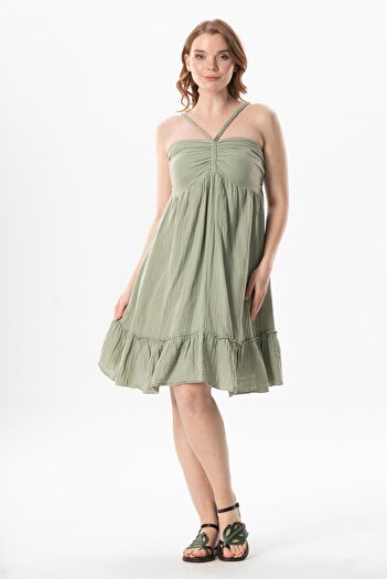 Eliş Şile Bezi Alanya Halter Short Summer Dress Olive Green