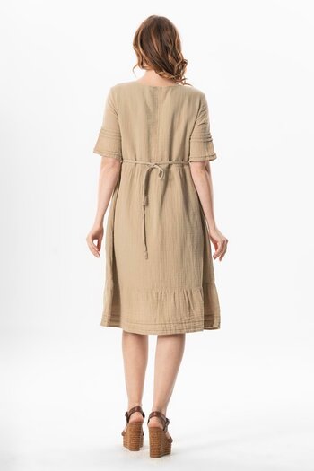 Eliş Şile Bezi Short Sleeve Square Collar Dora Pocket Detailed Midi Length Muslin Summer Dress Mink Vzn