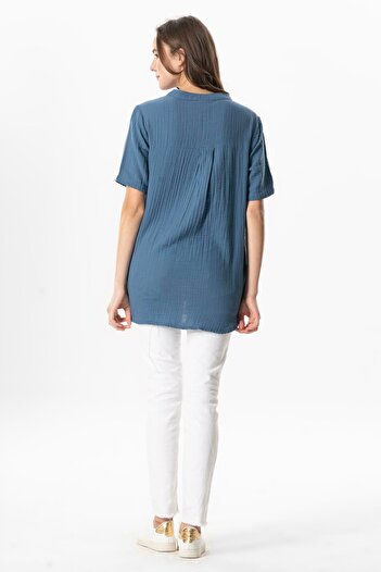 Eliş Şile Bezi Short Sleeve Gülgün V-Neck Muslin Summer Blouse Indigo Indg
