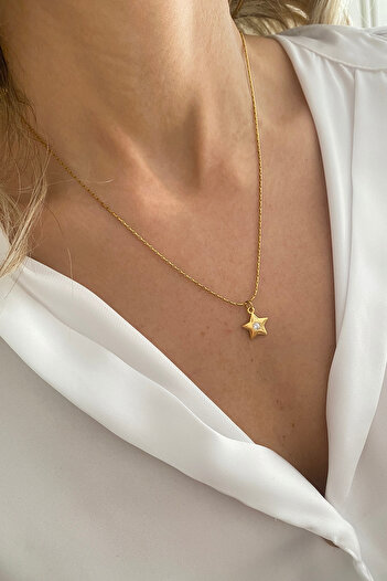 Bonnjerra Jewellery Çelik 1mm İnce Gold Hayalet Zincir Zirkon Taşlı Minimal Yıldız Kolye