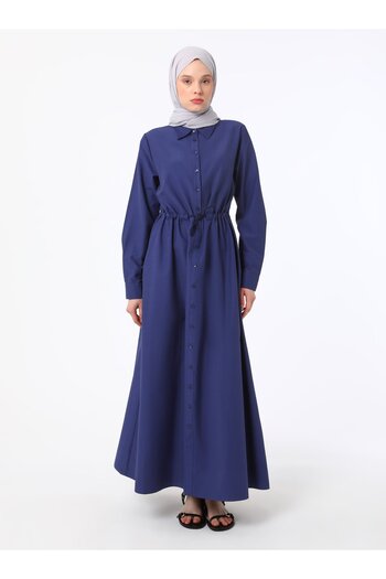 Benin Cotton Waist Tie Detailed Poplin Hijab Dress - Navy Blue - Benin