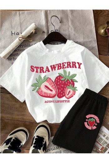 LOUİSA Girl's White-Black Strawberry Printed Combed Cotton Shorts T-Shirt Set