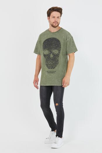 Polo State Men's Piece Paint Printed Oversize Basic T-shirt Khaki