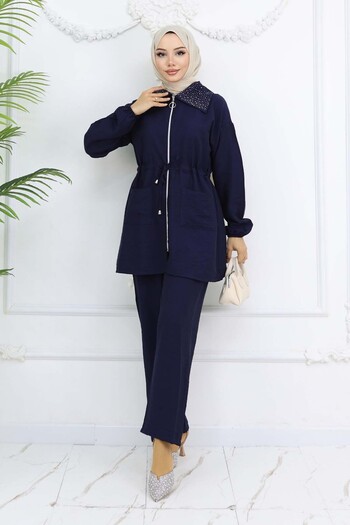 benguen Stone Detailed Hijab Suit Navy Blue 4727