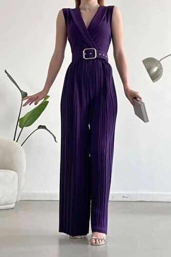 Mossta Purple Double Breasted Collar Pleated Belted Jumpsuit