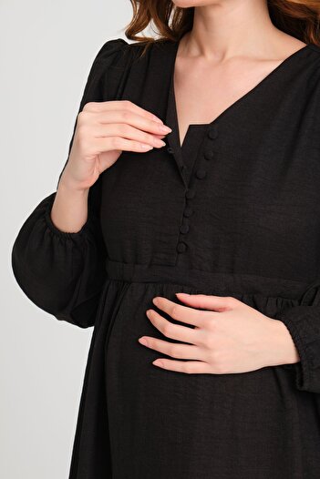 KATLİN MATERNİTY WEAR Hamile Keten Elbise Yanlardan Bağcık Detaylı Önden Açılan Düğme (EMZİRME)