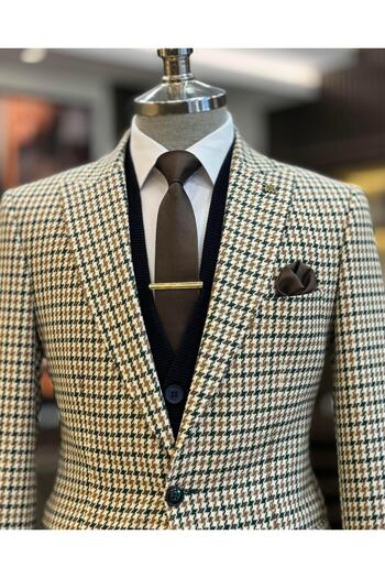 TerziAdemAltun Italian Style Slim Fit Houndstooth Pattern Men Jacket Green T13043