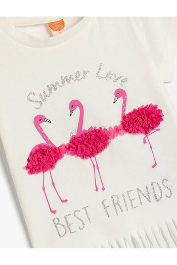 Koton Tasseled Flamingo Printed Short Sleeve Ecru Baby Girl T-Shirt 5Smg10007Ak
