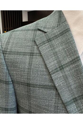 TerziAdemAltun Classic Cut Regular Fit Mono Collar Plaid Men's Jacket Green T12501