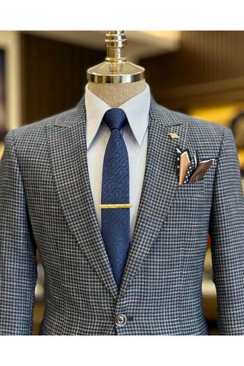 TerziAdemAltun Italian Style Slim Fit Houndstooth Pattern Men's Jacket Navy Blue T12541