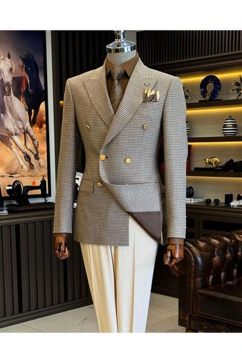 TerziAdemAltun Italian Style Slim Fit Houndstooth Pattern Double Breasted Men's Coat Brown T12558