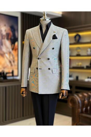 TerziAdemAltun Italian Style Slim Fit Houndstooth Pattern Double Breasted Men's Jacket Black T12624