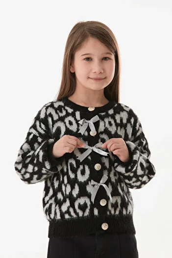 Fulla Moda Leopard Patterned Girl's Knitwear Cardigan with Bow Detail