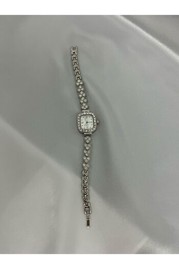 QUARTZ Stylish Silver Color Square Dial Women's Stylish Watch with Stones
