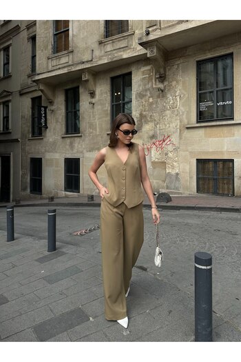 VOLT CLOTHİNG Women's Double Fabric Ribbon Gold Button Detailed Vest Suit