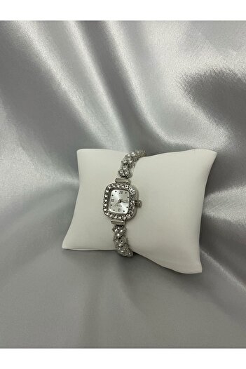 QUARTZ Stylish Silver Color Square Dial Women's Stylish Watch with Stones