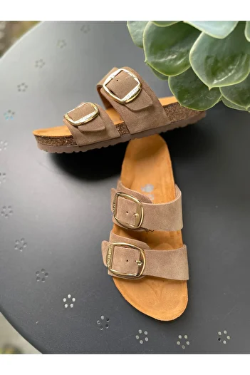 Land of Cork Anatomical Natural Cork Sole Large Buckle Genuine Suede Leather Slippers