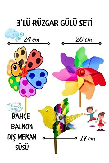 gnsstore 3 Adet Rüzgar Gülü Seti Gökkuşağı 7 Kanat 20 cm Kuş 17 cm Uğur Böceği 24 cm Bahçe Balkon Süsü
