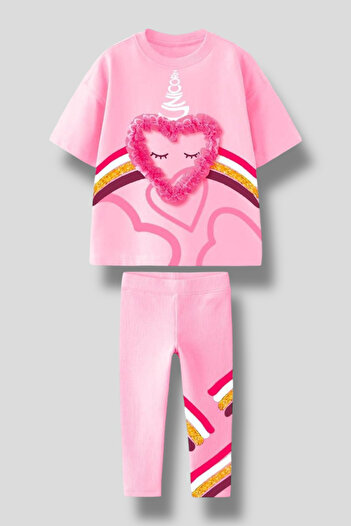 Magu Girl 3D Heart Detail Unicorn T-Shirt and Leggings Set, 2-Piece Set and Comfortable