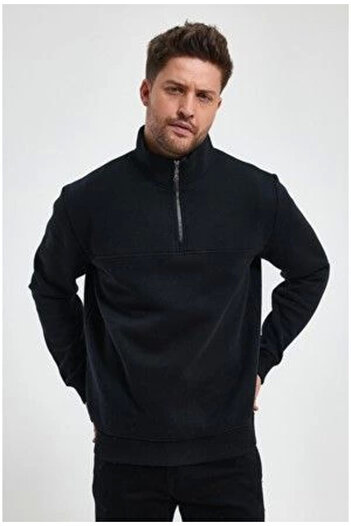 buğrahayalin    Oversize Half Zip Collar Basic Sweatshirt - Black