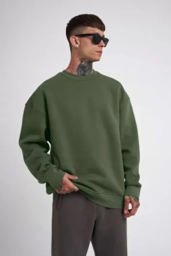 MODA55 Eyesof Unisex Crew Neck Three Thread Sweatshirt - Khaki