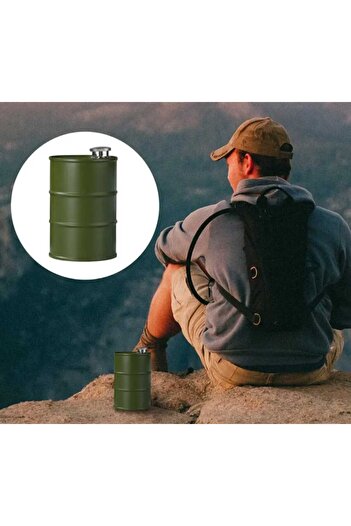 kho military design 750 Ml. Large Capacity Petrol Barrel Form Khaki Color 304 Stainless Flask