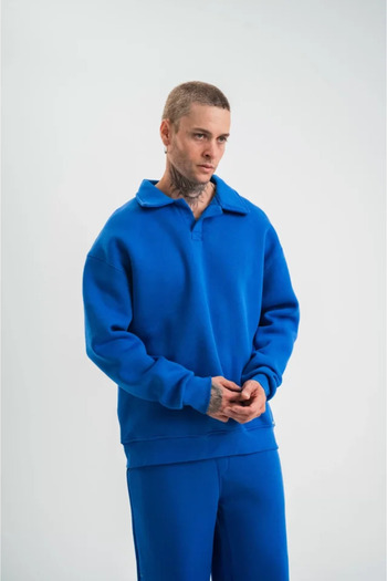 REKA MODA Unisex Double Oversize Placket Collar Sweatshirt - Blue