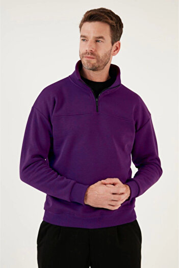 buğrahayalin    Oversize Half Zip Collar Basic Sweatshirt - Purple