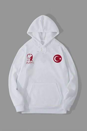 REKA MODA    10 Kasıma Special Three Thread Hooded Printed Sweatshirt - White