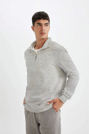 Giyimodam    Unisex Long Sleeve Half Zip Collar Basic Sweatshirt - Gray