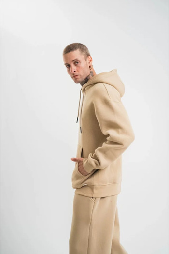 REKA MODA    Unisex Double Oversize Hooded Basic Sweatshirt - Beige