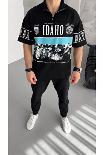 Sobe Hediyelik Vogueway Unisex Printed Half Zipper T-Shirt - Black