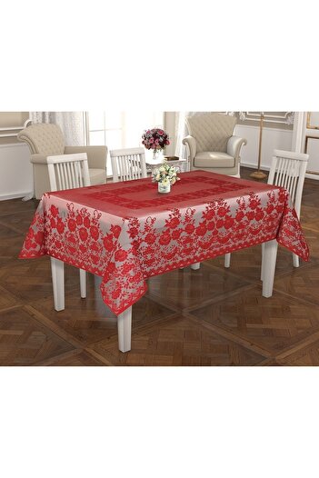 WENESSİ Red Rose Patterned Knitted Tulle Tablecloth