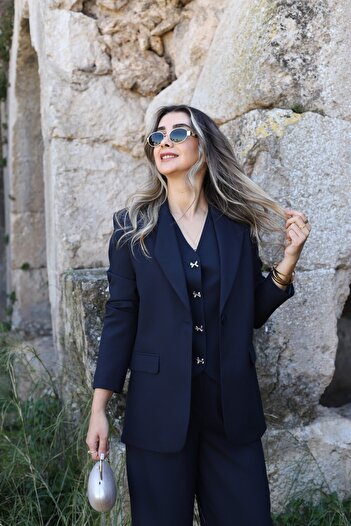 bytugcekaya Navy Blue Back Button Detail Blazer