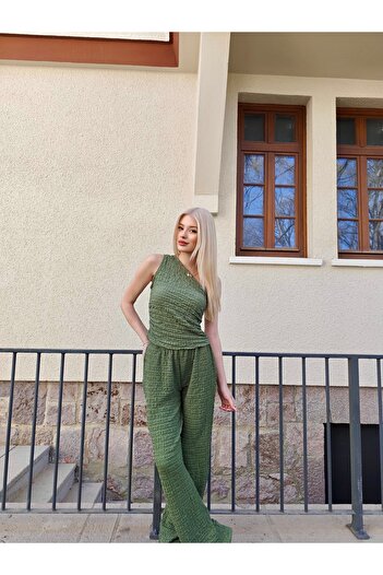 mekabutik Khaki Shoulder Detail Bottom Top Set