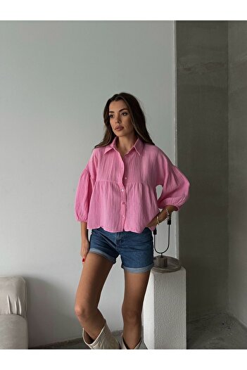 Lusin Women's Pink Short Balloon Muslin Fabric Premium Shirt