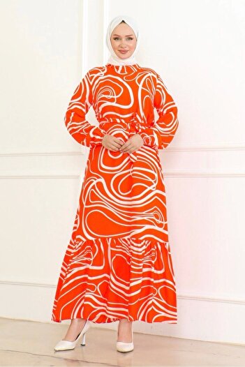 Neva Style Orange Line Patterned Viscose Dress