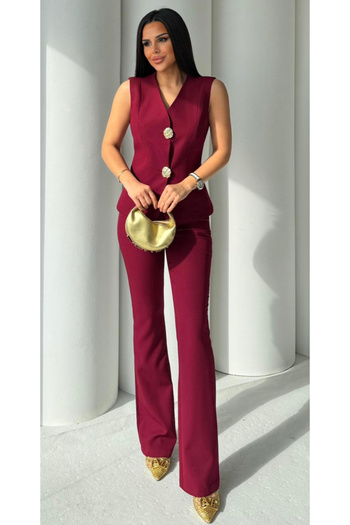 pembekurdelem Women's Gold Button Vest, Pants Suit and Claret Red