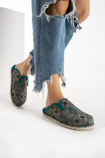 walviss Savora Women's Fabric Plush Laceless Petrol Green Slippers