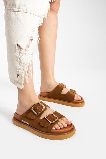 walviss Arandis Women's Genuine Suede Leather Double Buckle Coconat Slippers